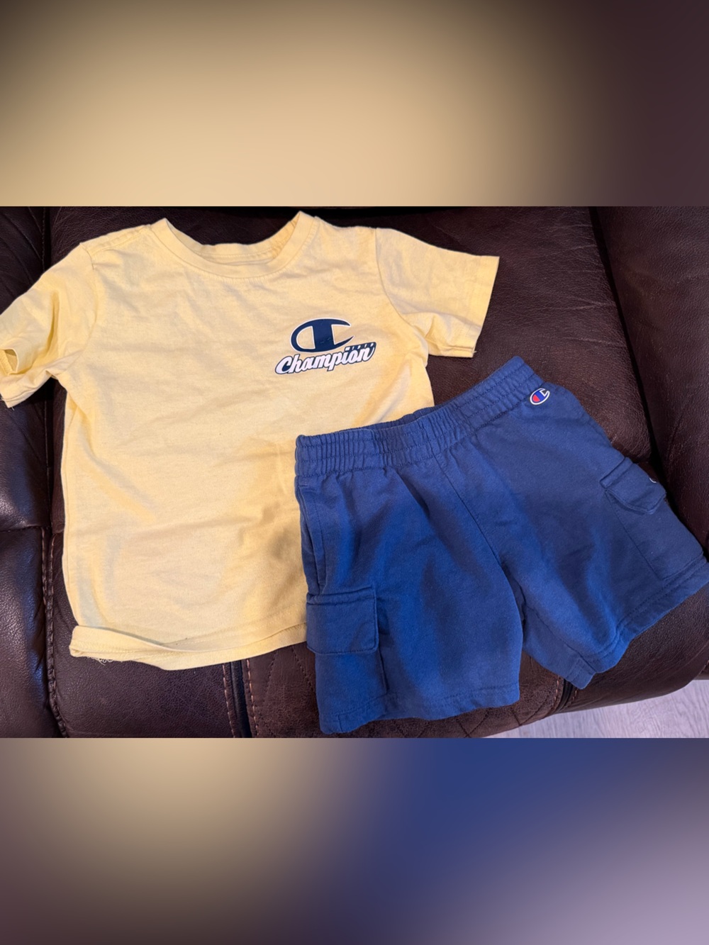 Champion Yellow Logo Tee with Blue Elastic-Waist Shorts